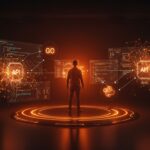 Fundador tecnológico destacando la productividad y rapidez de Go en desarrollo de IA frente a Rust y Python en un entorno futurista.