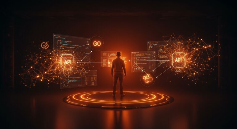 Fundador tecnológico destacando la productividad y rapidez de Go en desarrollo de IA frente a Rust y Python en un entorno futurista.