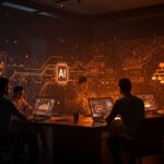 Equipo corporativo enfrentando los desafíos de la implementación exitosa de inteligencia artificial en empresas con una interfaz digital brillante.