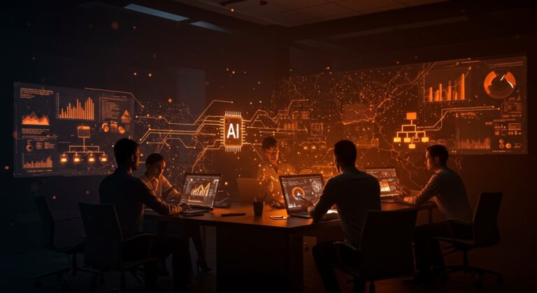 Equipo corporativo enfrentando los desafíos de la implementación exitosa de inteligencia artificial en empresas con una interfaz digital brillante.