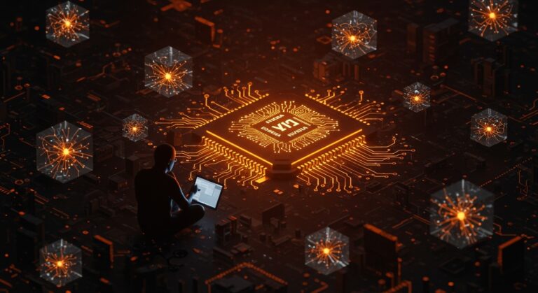 Inversor analizando chip Vera CPU de NVIDIA en un ecosistema IA, destacando la inversión sólida en infraestructura versus startups frágiles de IA.