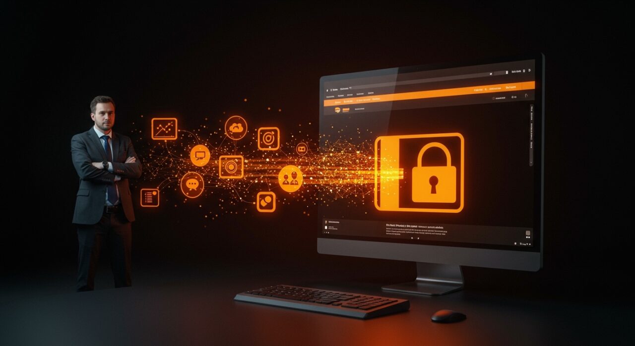 Propietario de negocio frente a pantalla digital mostrando un sitio web personalizado, simbolizando control y resiliencia en la presencia digital empresarial.