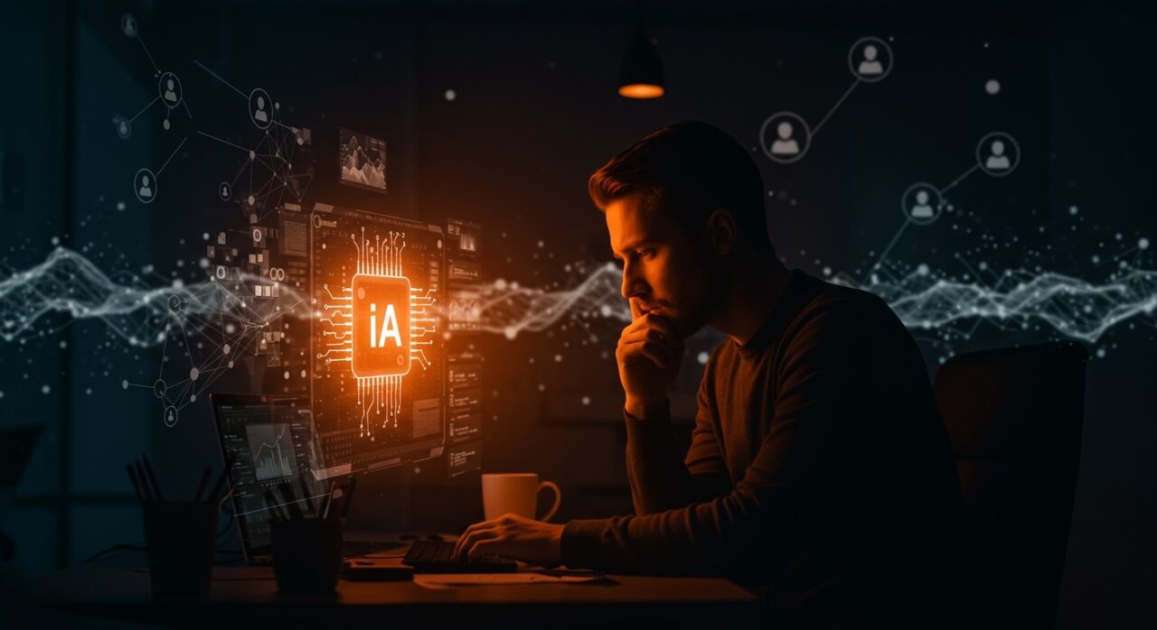 Founder dejando de usar herramientas de IA representado en un entorno tecnológico con metáforas visuales de redes neuronales y comunidad para startups.