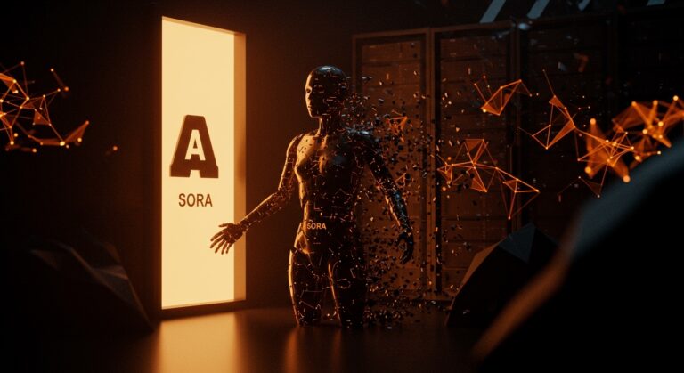 Cierre de Sora por OpenAI ilustrado con figura robótica desvaneciéndose y simbolismos de ética y dependencia tecnológica en startups IA.