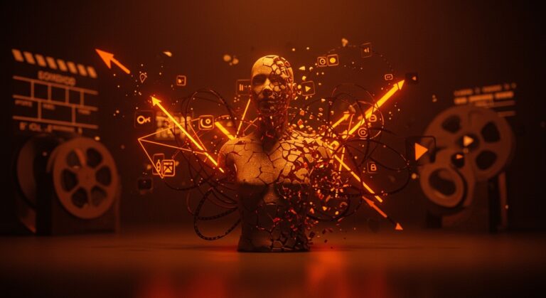 Representación visual de la caída de Sora de OpenAI mostrando desafíos en IA generativa y mercado audiovisual.