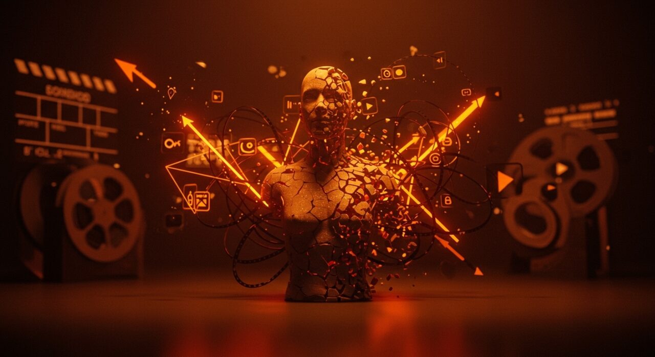 Representación visual de la caída de Sora de OpenAI mostrando desafíos en IA generativa y mercado audiovisual.