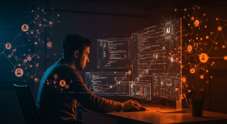 Desarrollador utilizando inteligencia artificial aplicada para automatizar el desarrollo y maximizar productividad en software.