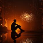 Silueta de founder tech en entorno urbano precario con red neuronal luminosa simbolizando IA y emprendimiento resiliente ante la precariedad económica.