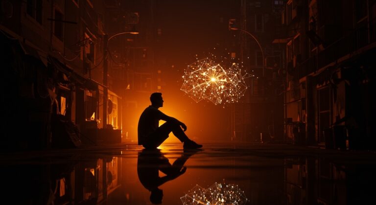 Silueta de founder tech en entorno urbano precario con red neuronal luminosa simbolizando IA y emprendimiento resiliente ante la precariedad económica.