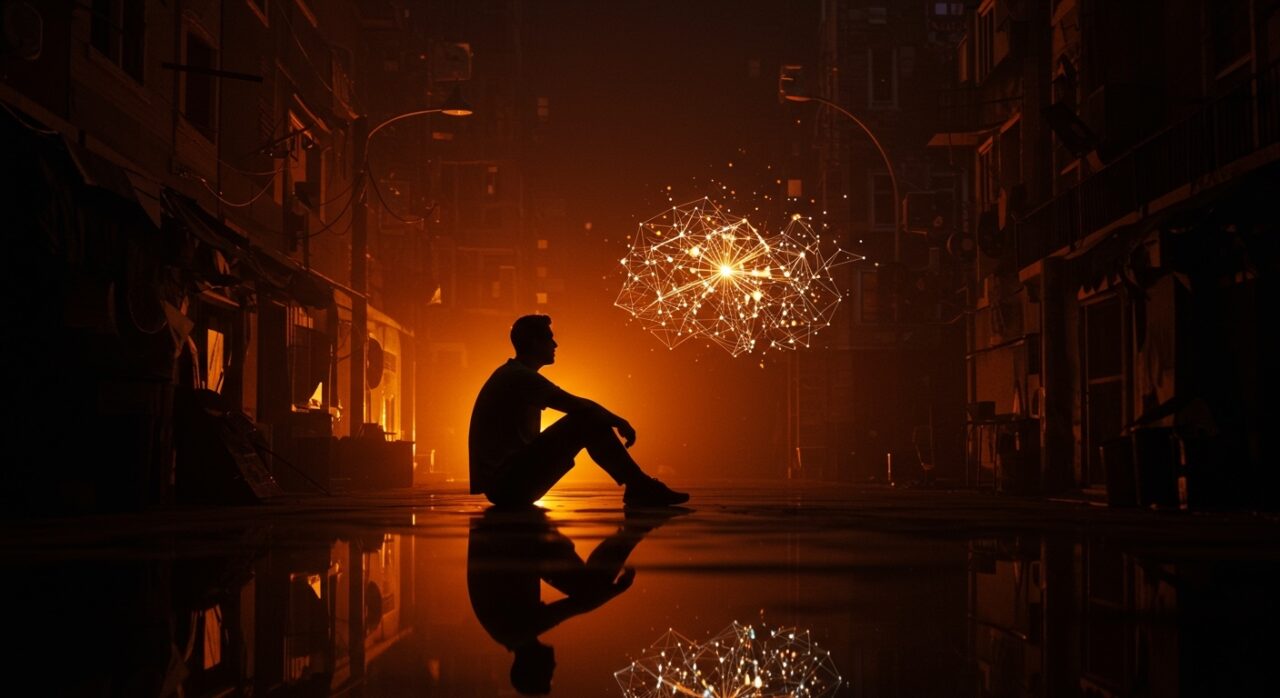 Silueta de founder tech en entorno urbano precario con red neuronal luminosa simbolizando IA y emprendimiento resiliente ante la precariedad económica.