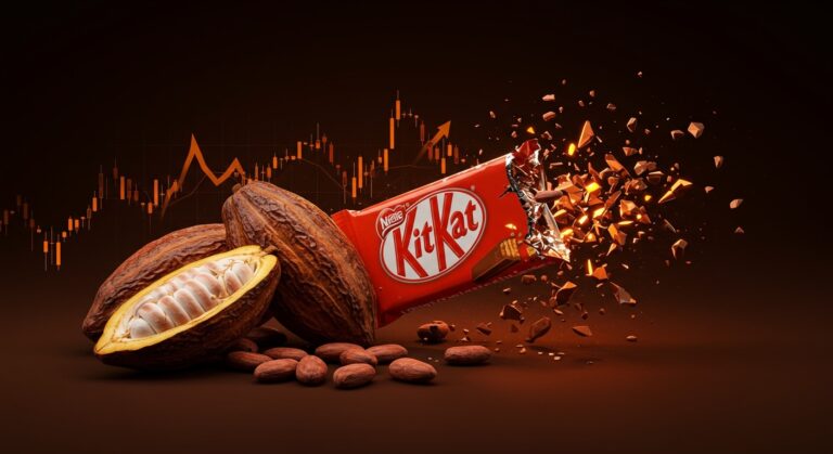 Impacto de la subida del precio del cacao y robo de KitKat en el mercado foodtech explicado con metáforas visuales de cacao y datos digitales.