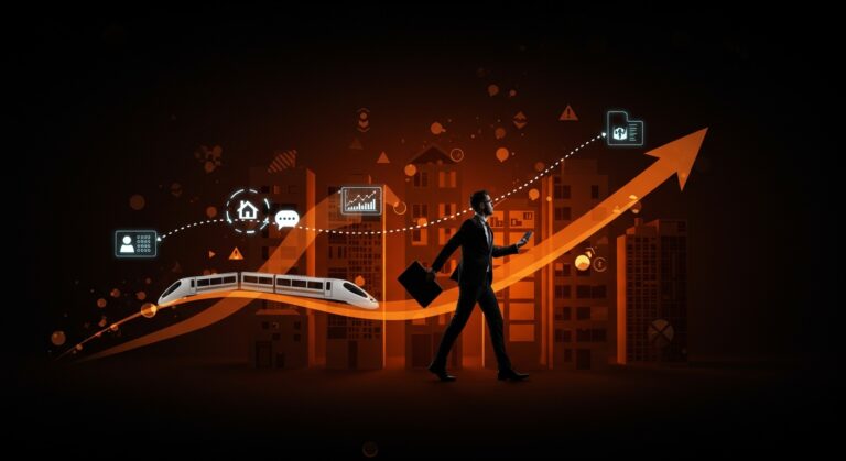 Profesional en entorno urbano moderno representando la movilidad laboral y el impacto del precio de vivienda en España con elementos de teletrabajo y viajeros pendulares.