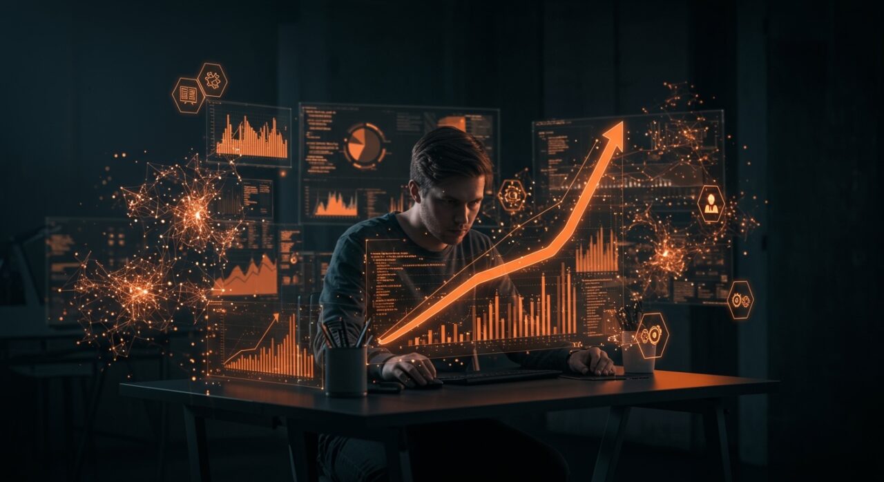 Programador analizando herramientas de IA para programación y costos crecientes en un entorno tecnológico moderno con metáforas visuales de neural networks y automatización.