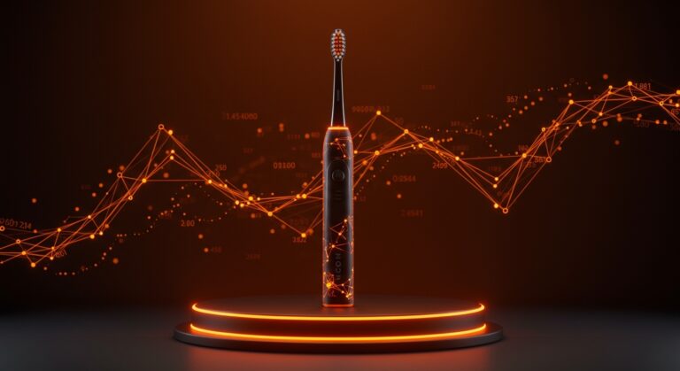 Cepillo eléctrico premium con elementos visuales de IA y hardware avanzado en tonos naranja y negro, representando la premiumización y tendencias tecnológicas en el mercado tech.