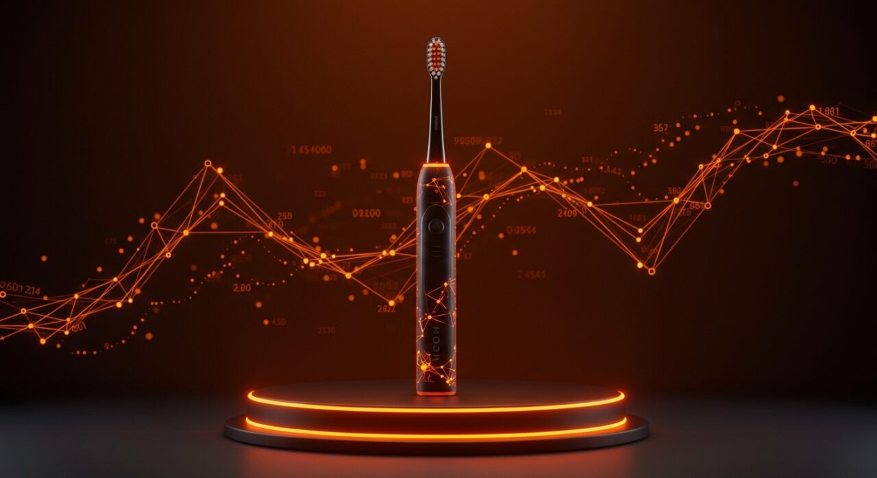 Cepillo eléctrico premium con elementos visuales de IA y hardware avanzado en tonos naranja y negro, representando la premiumización y tendencias tecnológicas en el mercado tech.