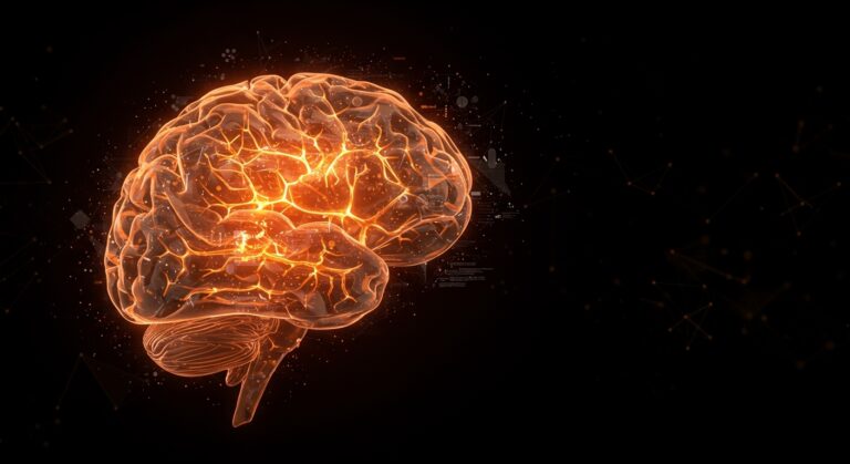 Innovadora preservación cerebral y avances en neurociencia visualizados con integración tecnológica en paleta naranja y negro.