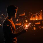 Imagen ilustrativa de préstamos participativos para startups mostrando financiamiento no dilutivo con gráficos y elementos abstractos en tonos naranjas y negros.