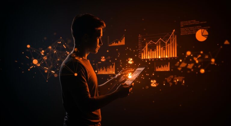 Imagen ilustrativa de préstamos participativos para startups mostrando financiamiento no dilutivo con gráficos y elementos abstractos en tonos naranjas y negros.