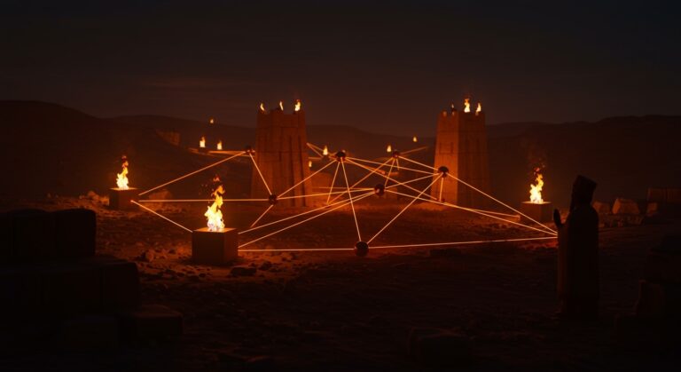 Primera red de telecomunicaciones en antigua Siria representada con balizas de fuego y nodos conectados en un paisaje mesopotámico al atardecer.