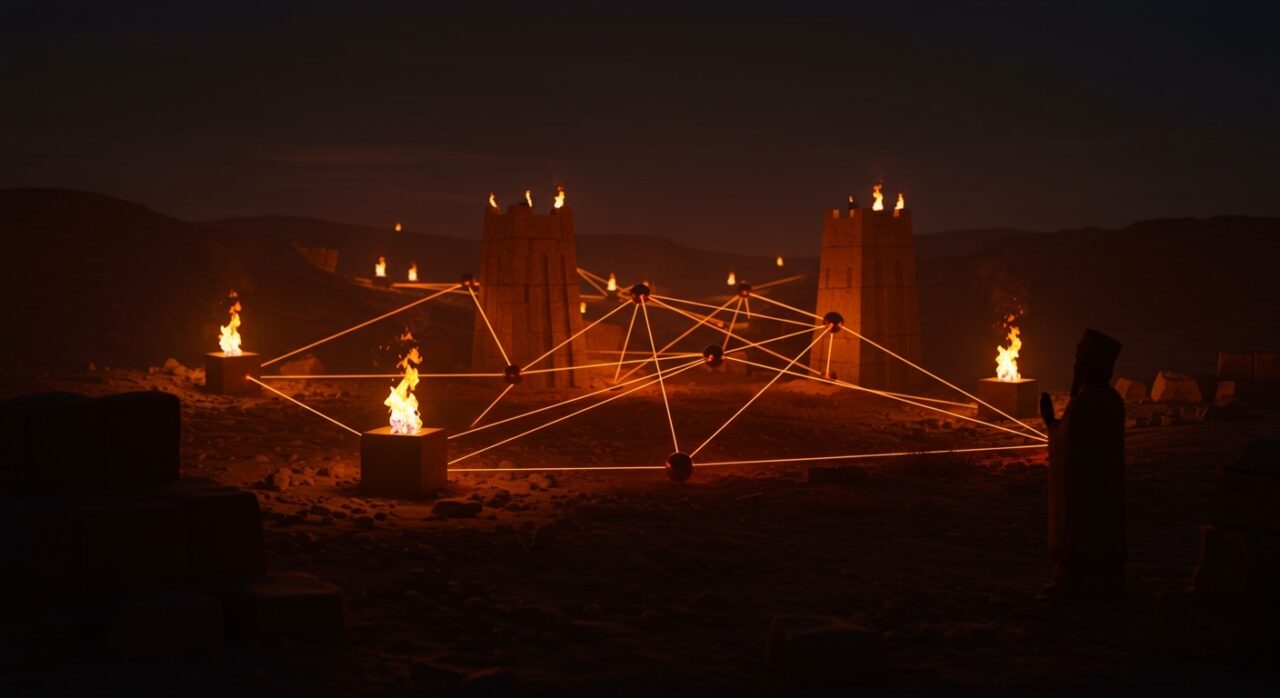 Primera red de telecomunicaciones en antigua Siria representada con balizas de fuego y nodos conectados en un paisaje mesopotámico al atardecer.