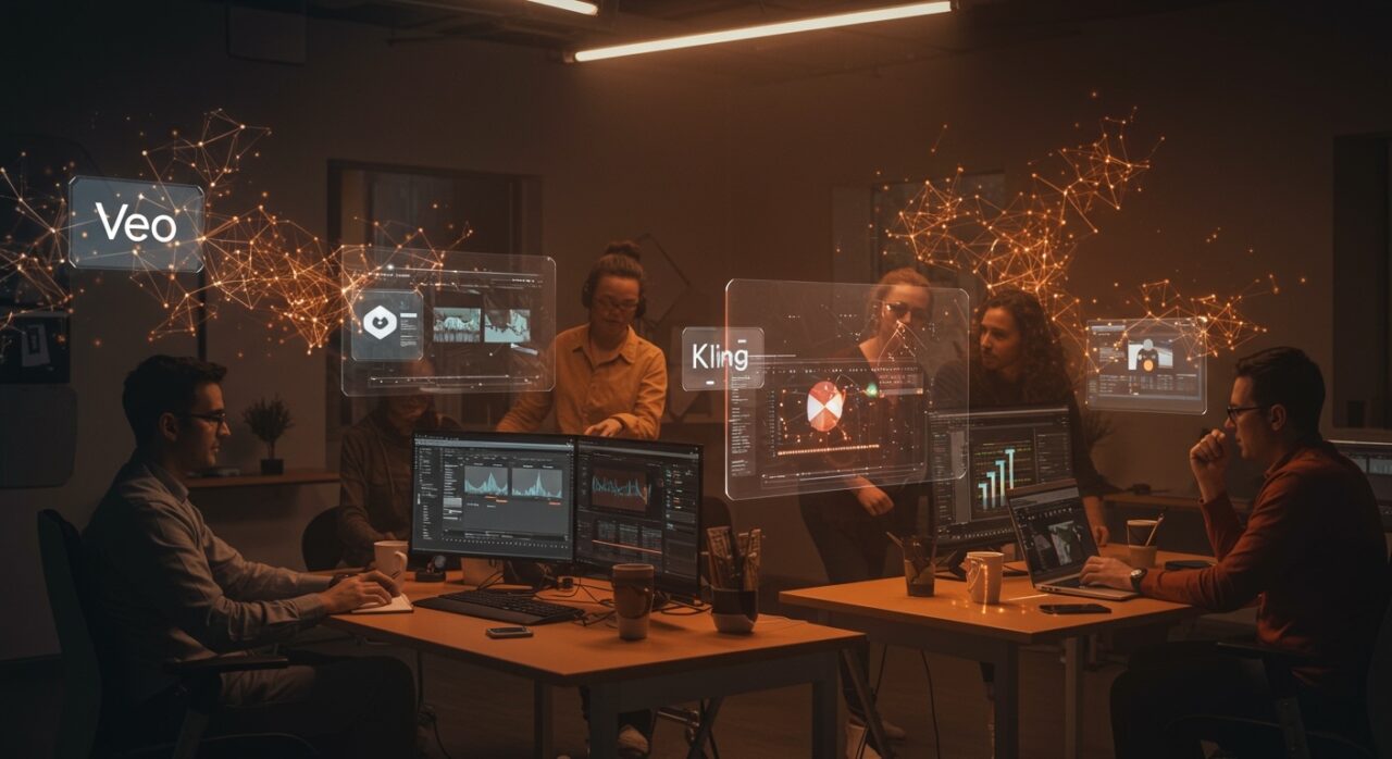 Espacio de trabajo colaborativo con generación y edición de videos con IA, mostrando herramientas Prism YC X25 y tecnología AI para marketing.