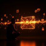 Privacidad en email ilustrada con un emprendedor observando un sobre digital protegido por símbolos de seguridad y datos en tendencia tecnológica para startups.