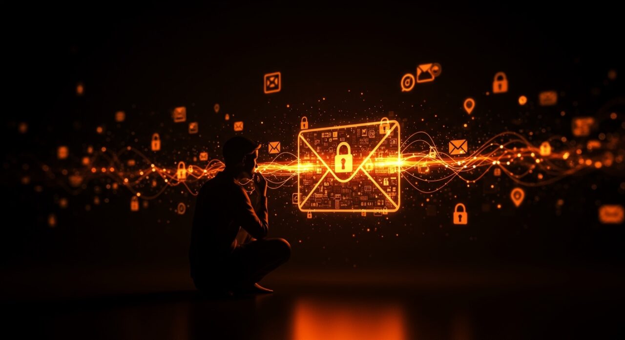 Privacidad en email ilustrada con un emprendedor observando un sobre digital protegido por símbolos de seguridad y datos en tendencia tecnológica para startups.