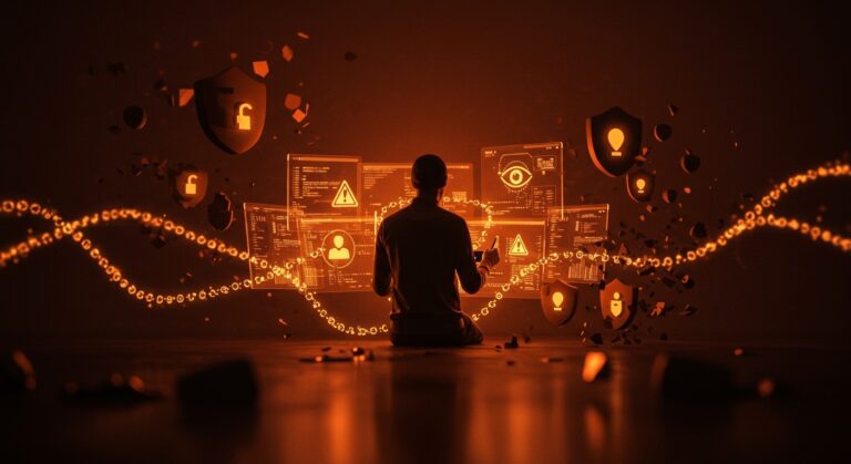 Desarrollador en un entorno digital oscuro con pantallas que alertan sobre riesgos de privacidad y rastreo en herramientas gratuitas dev tools.
