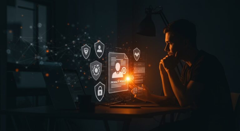 Founder tecnológico revisando política de privacidad digital que refleja transparencia y protección de datos en operadora móvil.