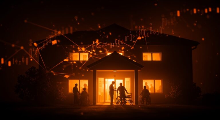 Impacto de private equity en hogares de cuidado para adultos mayores con elementos visuales de inversión financiera y cuidado en un estilo editorial cinematográfico.