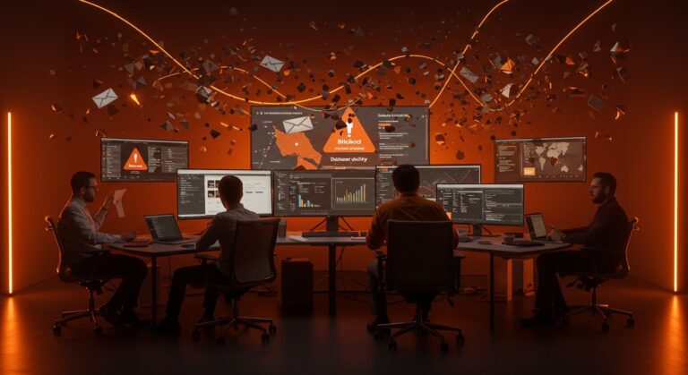 Problemas de email en Outlook con bloqueos de IP y fallas en deliverability afectando startups y empresas, resaltado con paleta naranja y negro.