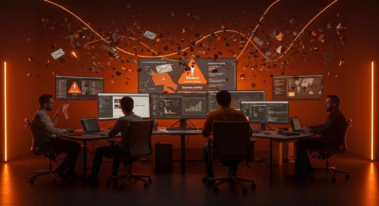 Problemas de email en Outlook con bloqueos de IP y fallas en deliverability afectando startups y empresas, resaltado con paleta naranja y negro.