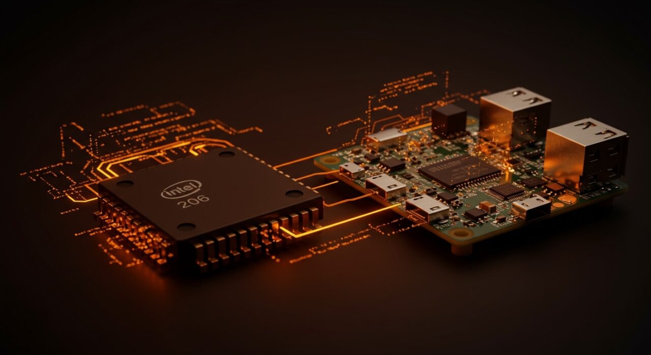 Procesador Intel 286 conectado a una Raspberry Pi con iluminación naranja y negra representando automatización y simulación de hardware vintage.
