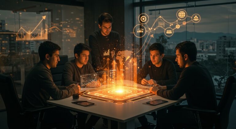 Grupo de emprendedores chilenos colaborando en entorno futurista representando internacionalización, inversión y networking global en startups.