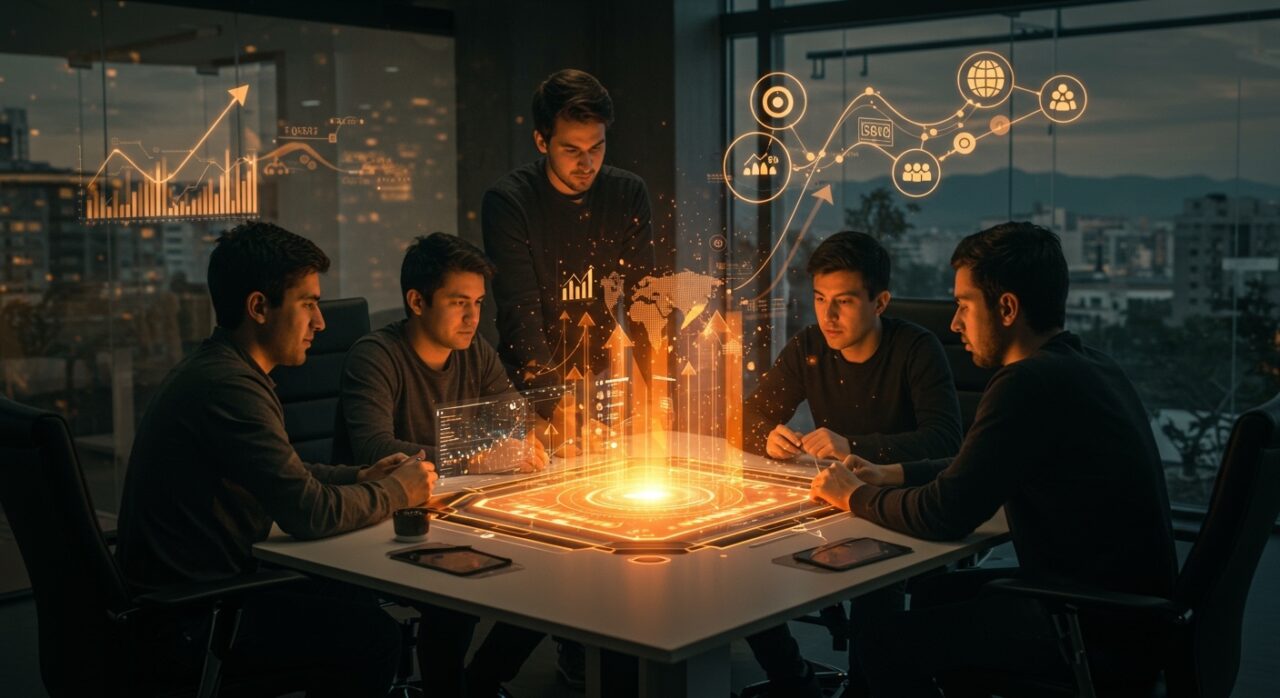 Grupo de emprendedores chilenos colaborando en entorno futurista representando internacionalización, inversión y networking global en startups.