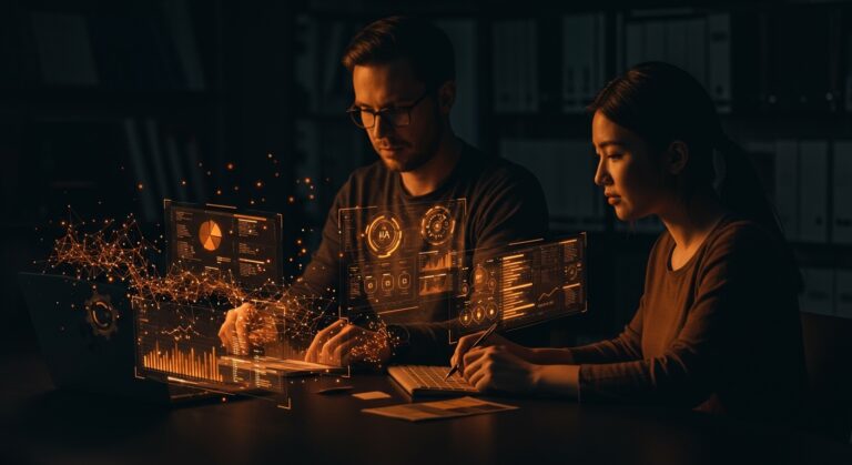 Product managers usando IA para acelerar el desarrollo y organización de software en transformación digital.