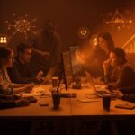 Equipo startup tech manejando productividad y gestión emocional para potenciar bienestar y salud mental en ambientes laborales tecnológicos.