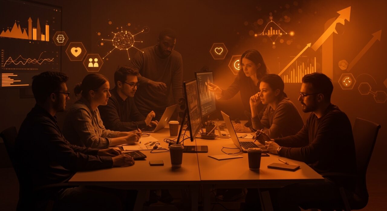 Equipo startup tech manejando productividad y gestión emocional para potenciar bienestar y salud mental en ambientes laborales tecnológicos.