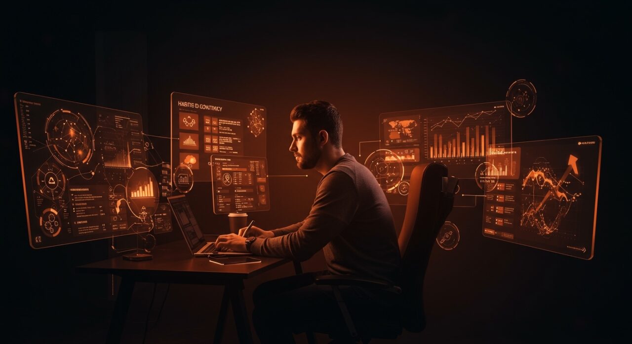 Founder enfocado trabajando con sistemas automatizados para aumentar productividad y disciplina en el ecosistema startup.