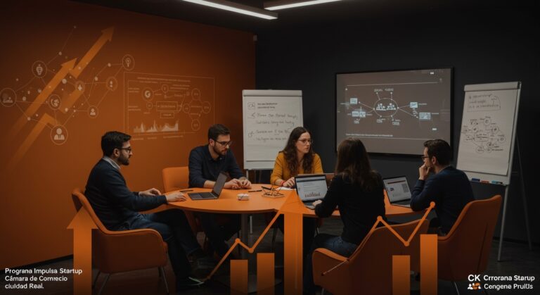 Grupo de emprendedores tech en sesión de mentoría y formación del Programa Impulsa Startup de la Cámara de Comercio de Ciudad Real, con metáforas visuales de crecimiento y colaboración.