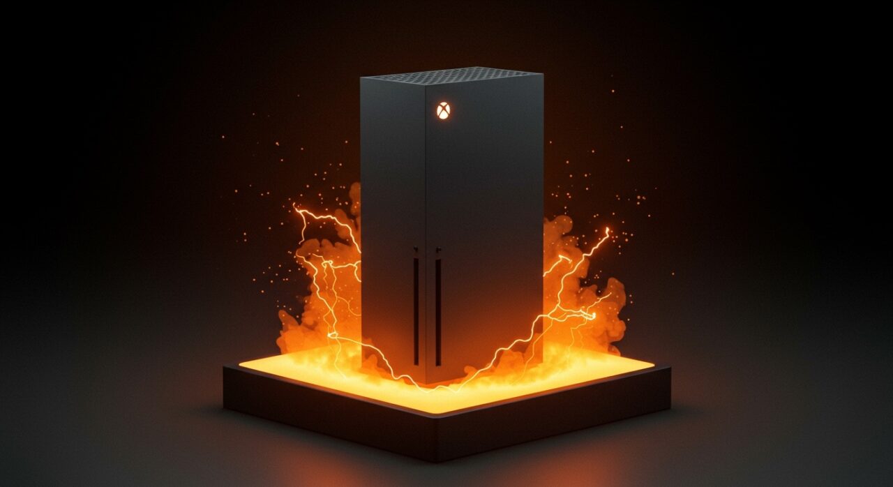 Consola Xbox nueva generación destacada con iluminación naranja y negra, simbolizando Project Helix y la estrategia de hardware de Microsoft para el mercado gaming en 2026.