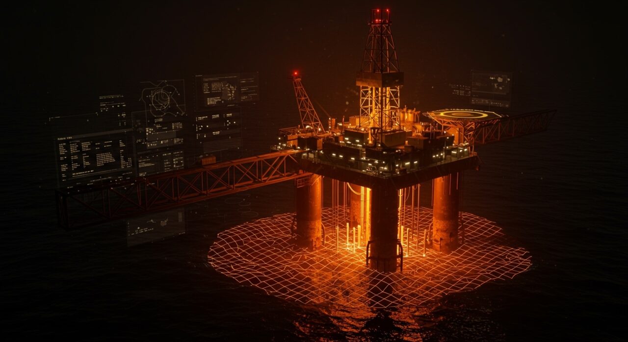Plataforma de perforación profunda del proyecto Mohole en tonos naranja y negro, simbolizando innovación científica y retos técnicos en tecnología marítima.