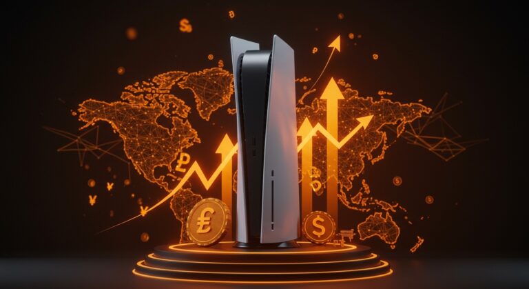 PS5 con indicadores abstractos de subida de precio y tendencias del mercado europeo en hardware gaming, iluminada en colores naranja y negro.