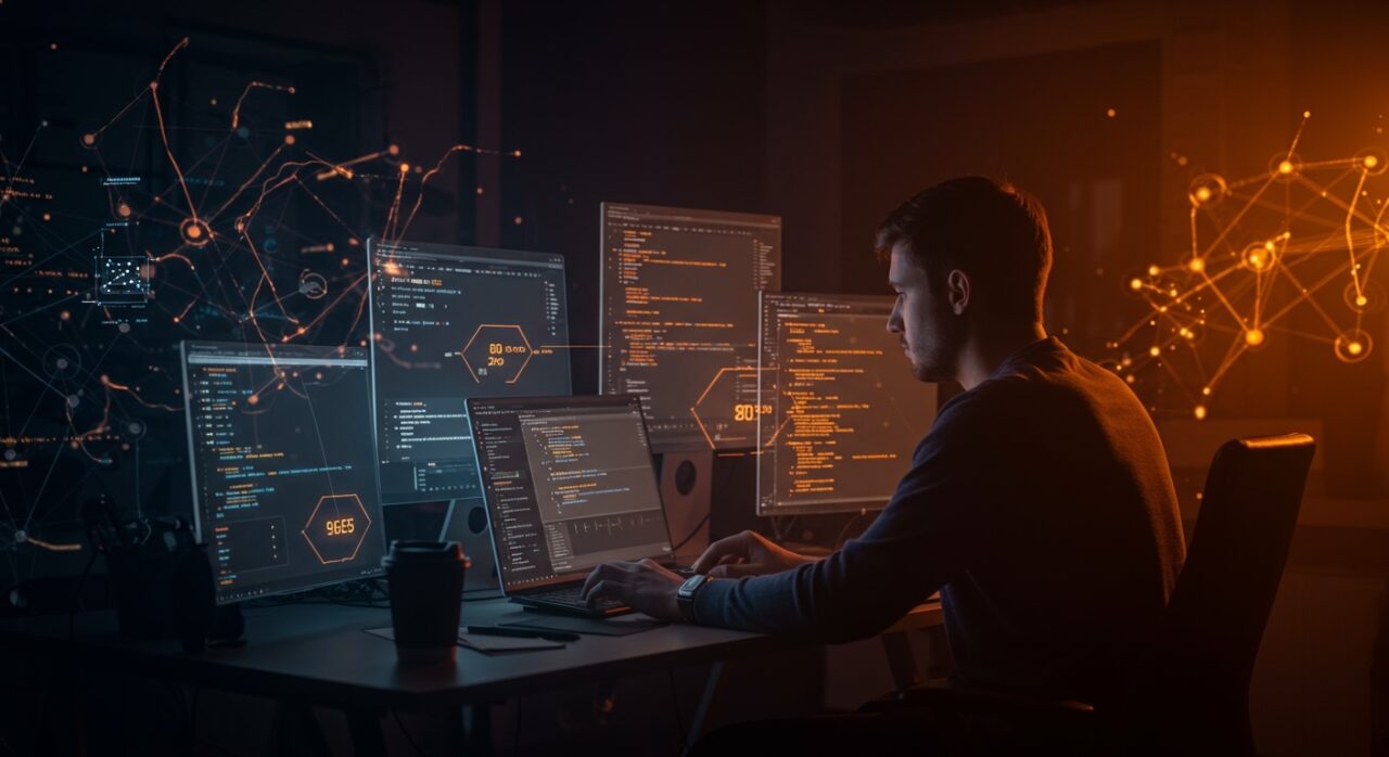 Tech founder trabajando con pull requests asistidos por IA que redefinen el desarrollo de software y la colaboración técnica.