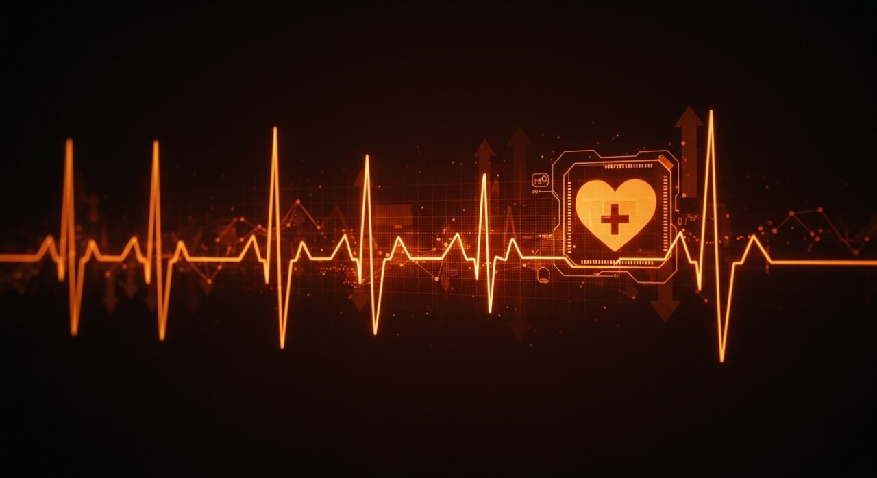 Modelo de IA PULSE-HF prediciendo insuficiencia cardíaca a través de un ECG digital en un entorno de healthtech y salud digital.