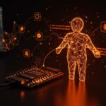 Microcontrolador ESP32 con agentes AI OpenClaw en MicroPython visualizados en ambiente digital naranja y negro del ecosistema startup.