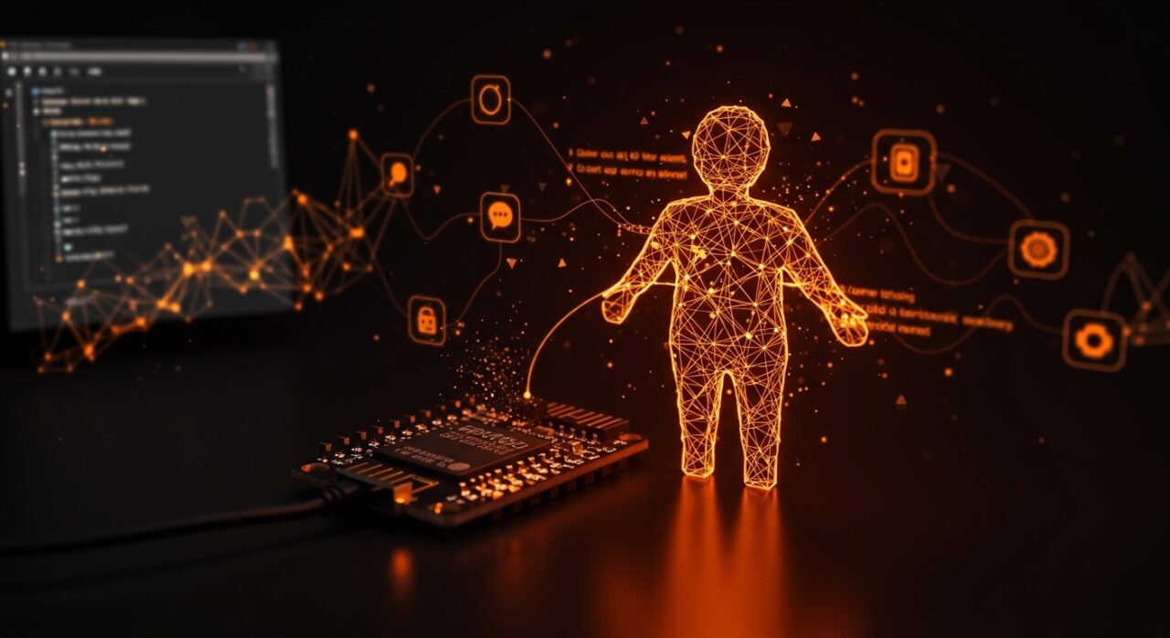 Microcontrolador ESP32 con agentes AI OpenClaw en MicroPython visualizados en ambiente digital naranja y negro del ecosistema startup.