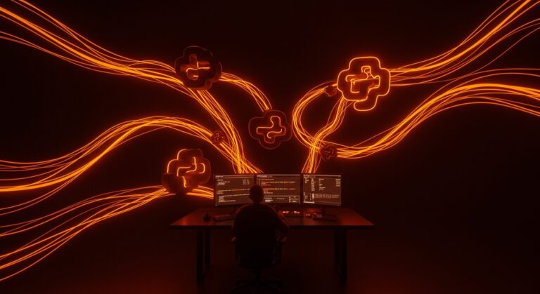 Visualización conceptual de gestión de estado compartido en Python asyncio con metáforas de concurrencia y patrones ValueWatcher para evitar lost updates.