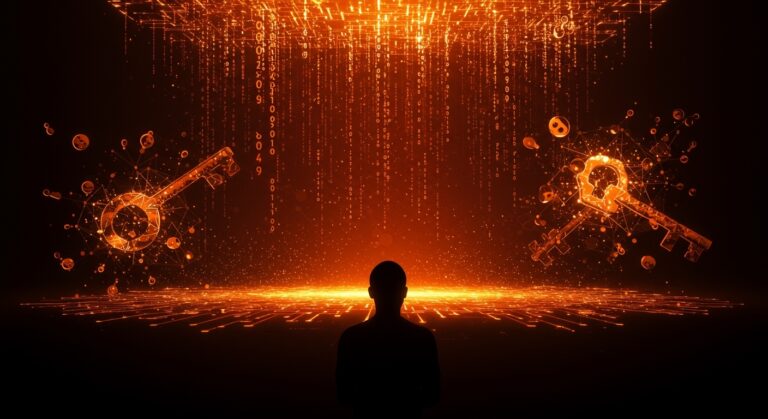 Computación cuántica y criptografía poscuántica representadas con circuitos y partículas digitales en tonos naranja y negro para el impacto en la seguridad digital.