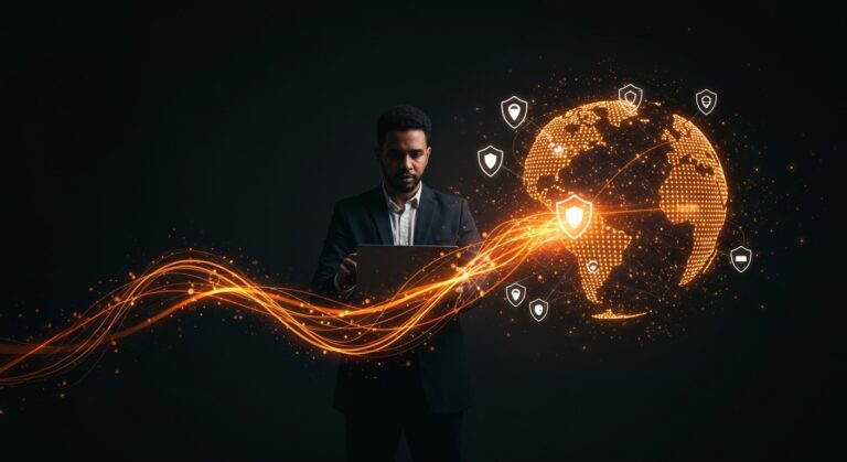 Founder de insurtech Qover con un globo digital protegido, simbolizando financiación de 12 millones y expansión global en fintech.